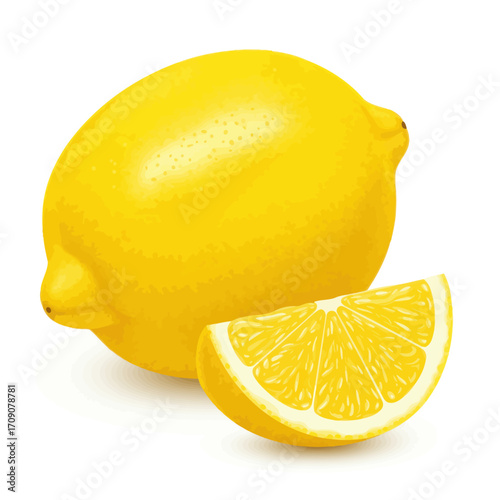 Fresh ripe yellow lemon with a juicy slice isolated on a white background