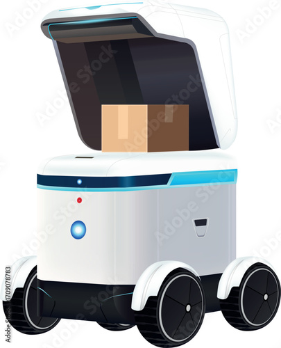 Isolated Robotic Delivery Vehicle for Futuristic City. Cutting-edge autonomous delivery vehicle. Autonomous robot for package delivery. Automated guided vehicle for logistics. Transparent background