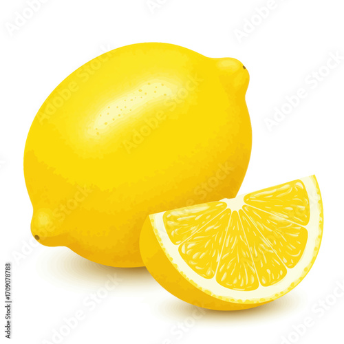 Realistic yellow citrus lemon fruit with a fresh juicy slice isolated on a white background