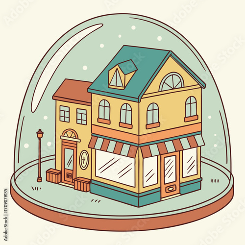 Buildings under a glass dome with snow houses shops
