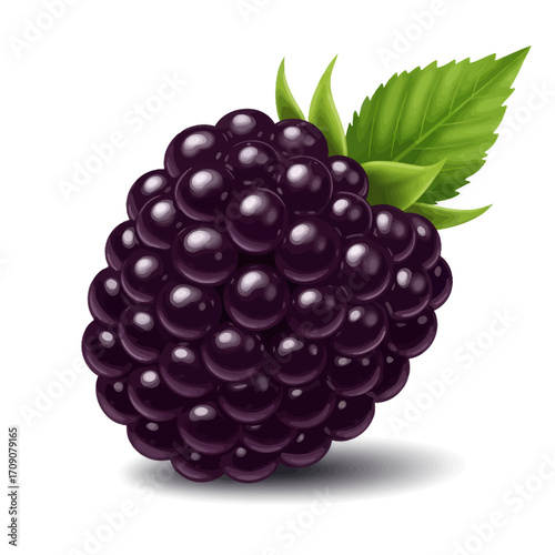 Realistic close-up of a ripe blackberry with green leaves, isolated on white