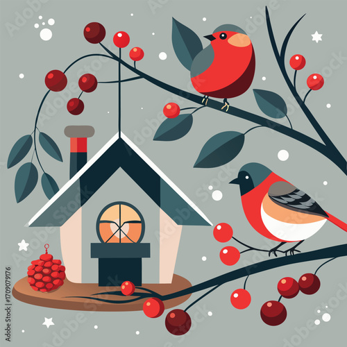 Bullfinches on a Branch with Birdhouse and Berries