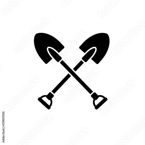 Vector silhouette illustration of two crossed shovels, a minimalist graphic icon representing digging