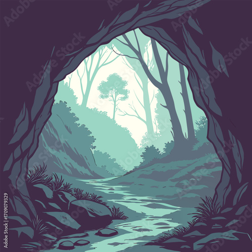 Cave entrance view of a forest stream and trees opening