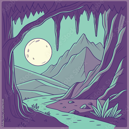 Cave Landscape with River and Distant Mountains Under Moonlit Sky