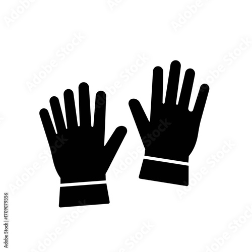 Simple black silhouette icon of a pair of gloves, representing protection and safety