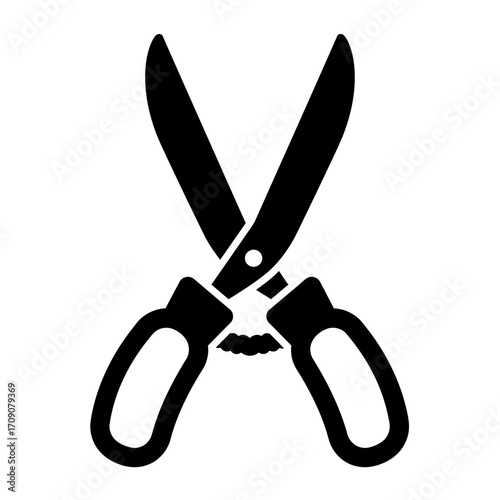 Crossed garden shears, a symbol of horticulture and landscaping, depicted in a bold black silhouette for outdoor maintenance and gardening tools