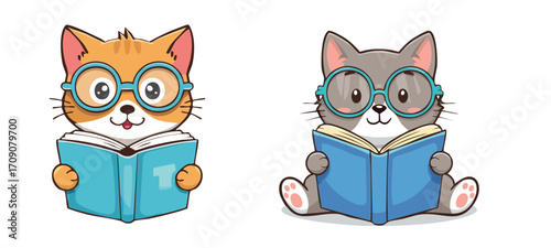cartoon animal vectors, cat read a boook