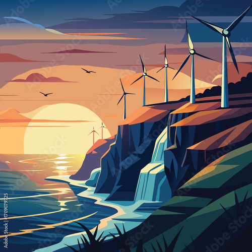 Coastal cliffs with wind turbines and waterfall at sunset