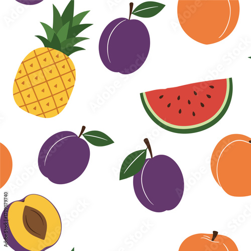 Colorful Fruit Pattern Pineapple, Plums, Watermelon, and Peach for Design