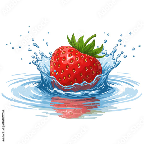 Strawberry splashing into clear water with droplets and reflection