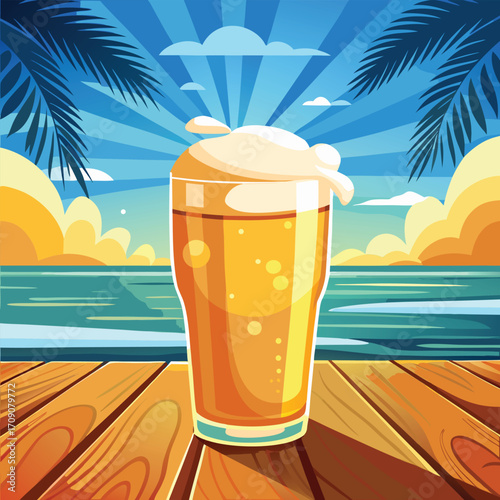 Cold Beer on Wooden Deck with Beach Sunset View lager