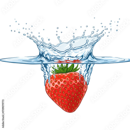 Vibrant red strawberry creating a refreshing splash in clear water, a dynamic moment of fresh fruit immersion