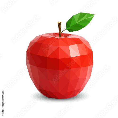 Vibrant Low Poly Red Apple Illustration with Geometric Facets and Green Leaf, Digital Art Fruit Concept