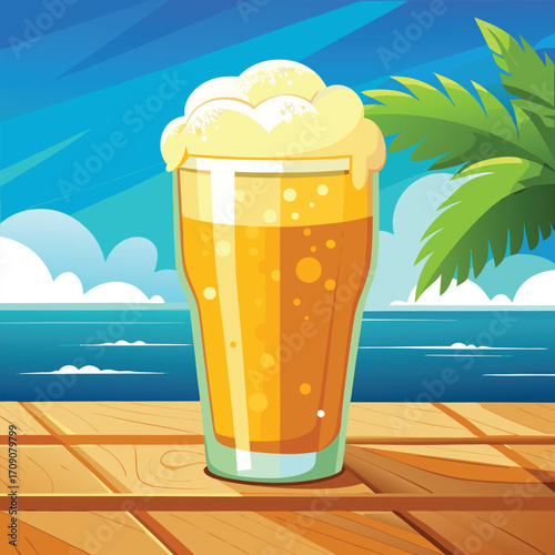 Cold Beer with Foam on a Beachside Wooden Deck glass