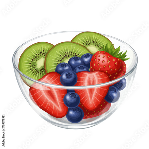 Healthy Fruit Salad Bowl with Strawberries, Blueberries, and Kiwi Slices