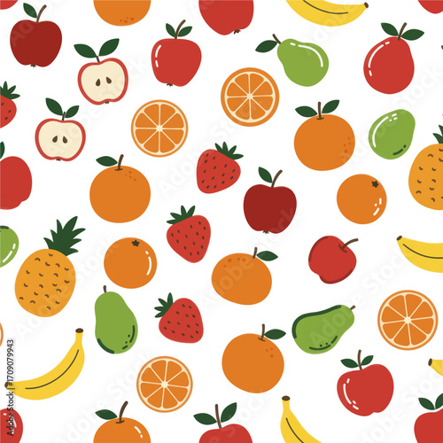 Colorful seamless pattern background with fresh summer fruits like apples, oranges, and strawberries