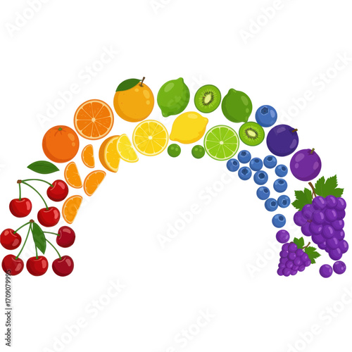 Colorful rainbow of fresh fruits arranged in an arc, a vibrant depiction of healthy eating and nature's bounty