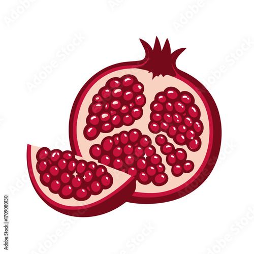 Vibrant red pomegranate fruit, depicted whole and sliced, showcasing its succulent arils and a separate juicy wedge