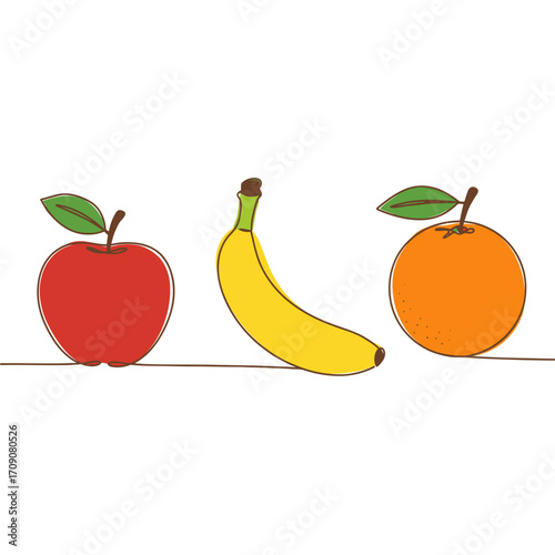 Illustration of an apple, banana, and orange in a row on a white background