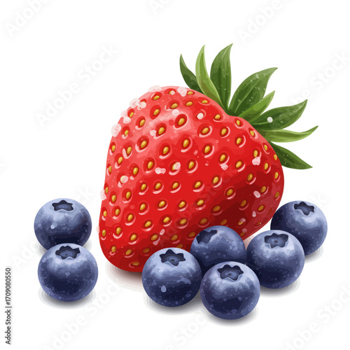 Juicy red strawberry and a handful of ripe blueberries, an isolated illustration of fresh summer berries