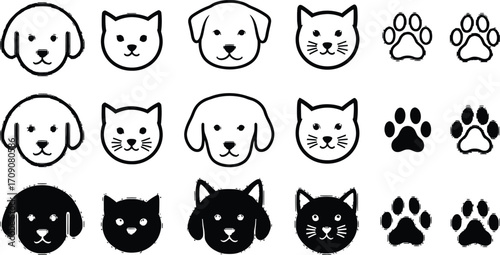 Dog and cat vector icons set pet animal face paw print outline silhouette art