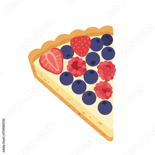 Delectable slice of fruit tart with fresh mixed berries on a creamy custard filling, a perfect summer dessert