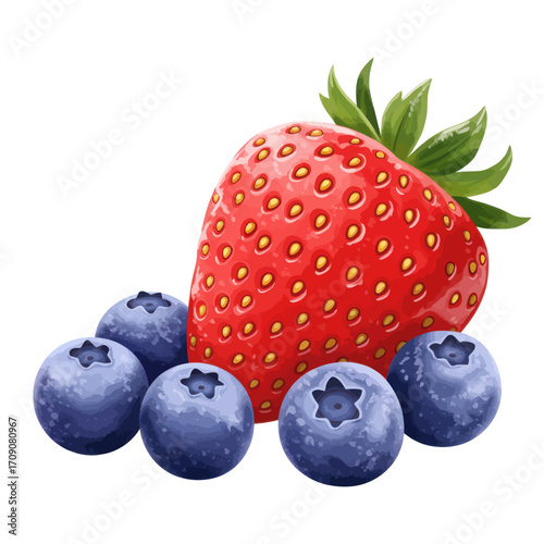 Fresh Ripe Strawberry and Blueberries Isolated on White Background