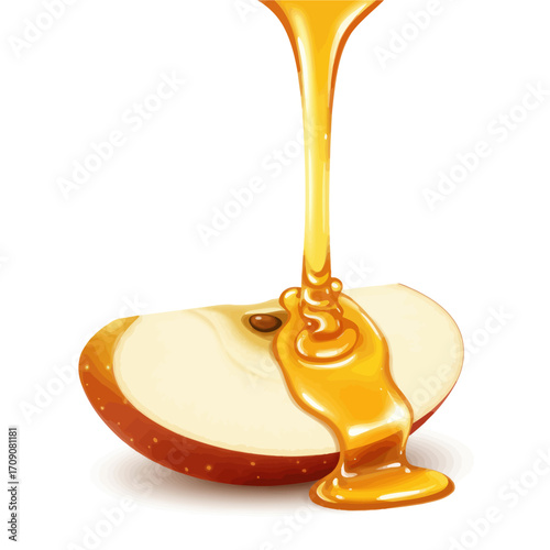 A stream of sweet, luscious golden honey drizzling onto a fresh red apple slice