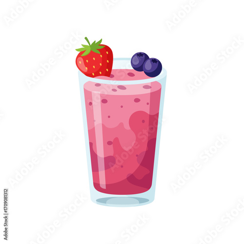 Delicious pink berry smoothie in a glass with fresh strawberry and blueberry garnish, vector illustration