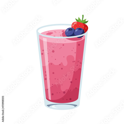 A refreshing glass of delicious pink mixed berry smoothie with strawberry and blueberry garnish