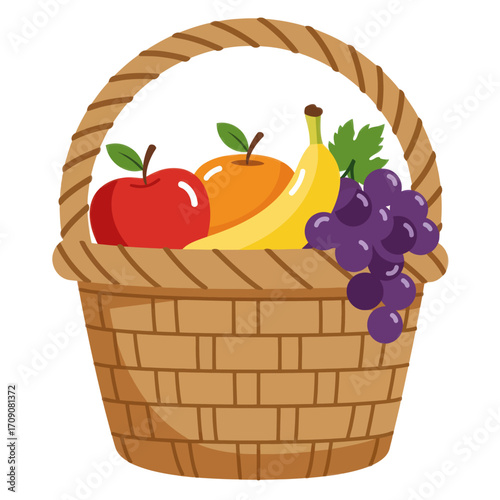 Wicker picnic basket filled with a healthy assortment of fresh fruits like apples, bananas, and grapes