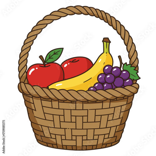 Woven basket filled with fresh red apples, yellow banana, and ripe purple grapes