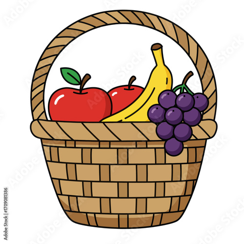 Vibrant illustration of a woven basket brimming with a delightful assortment of fresh, colorful, and nutritious fruits