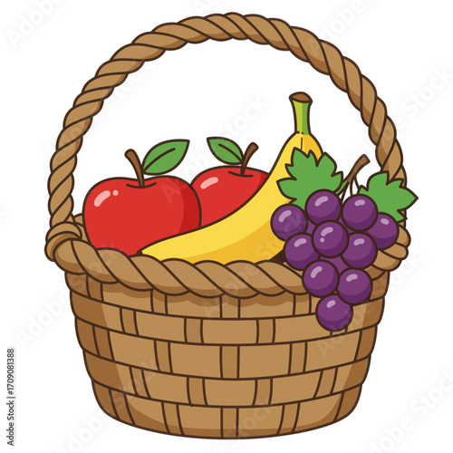 Delightful illustration of a classic woven basket brimming with fresh, ripe apples, bananas, and grapes, perfect for healthy eating concepts
