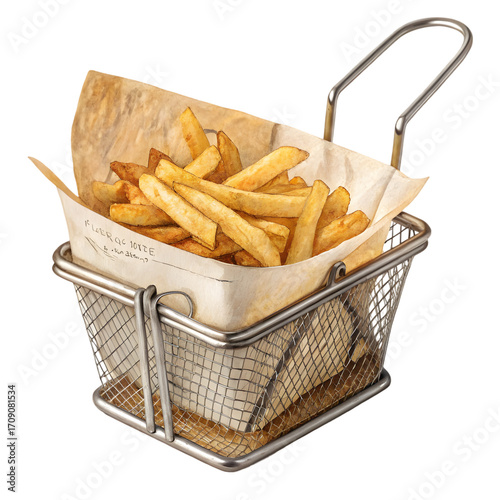 Crispy French Fries in a Metal Basket: Restaurant Food Photography on transparent background