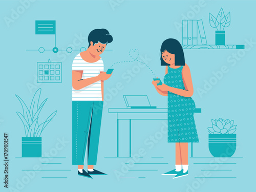 business woman in office A man in a striped shirt and green pants, and a woman in a green dress, using smartphones in a room with plants. The background is light blue