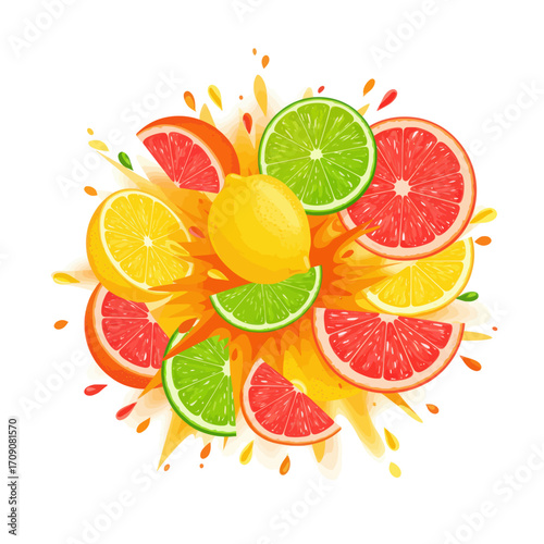 A vibrant burst of assorted citrus fruits, including lemons, limes, and grapefruits, with refreshing juice splashes