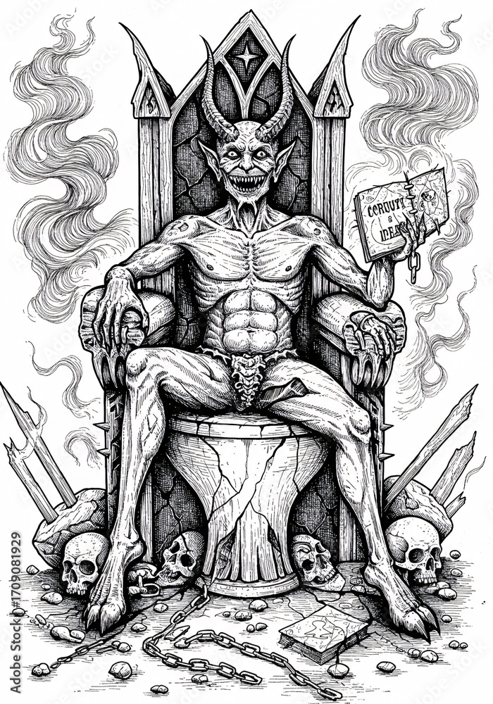 Obraz premium Demonic Figure Enthroned Amidst Skulls and Smoke.