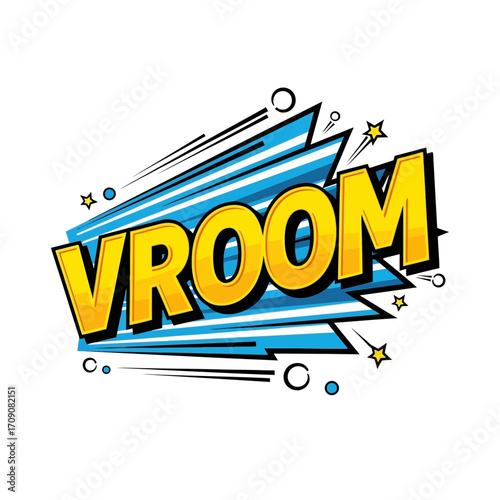 Comic Style "VROOM" Text with Speed Lines and Stars