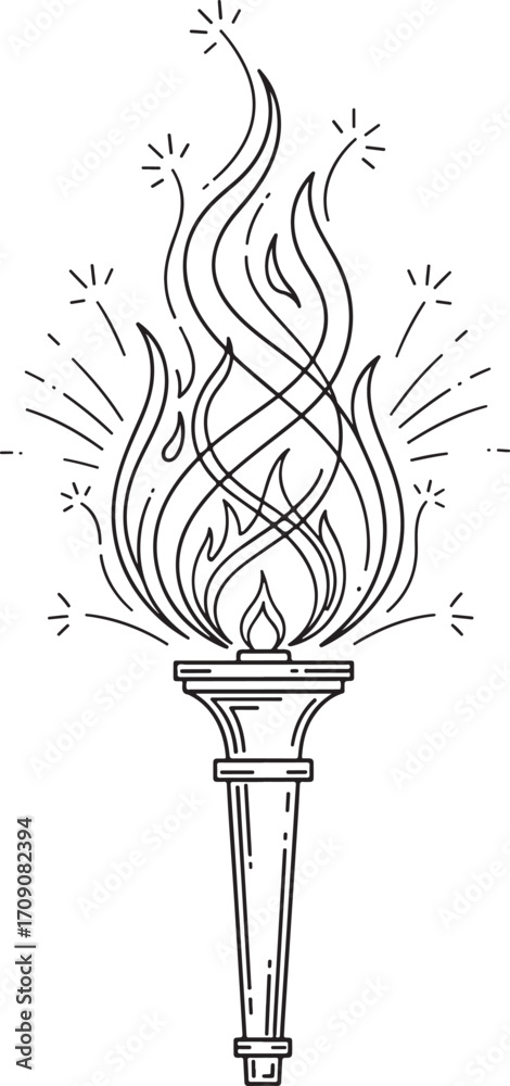 Naklejka premium Abstract Continuous Line Art of Torch with Flowing Fire and Decorative Sparks.9