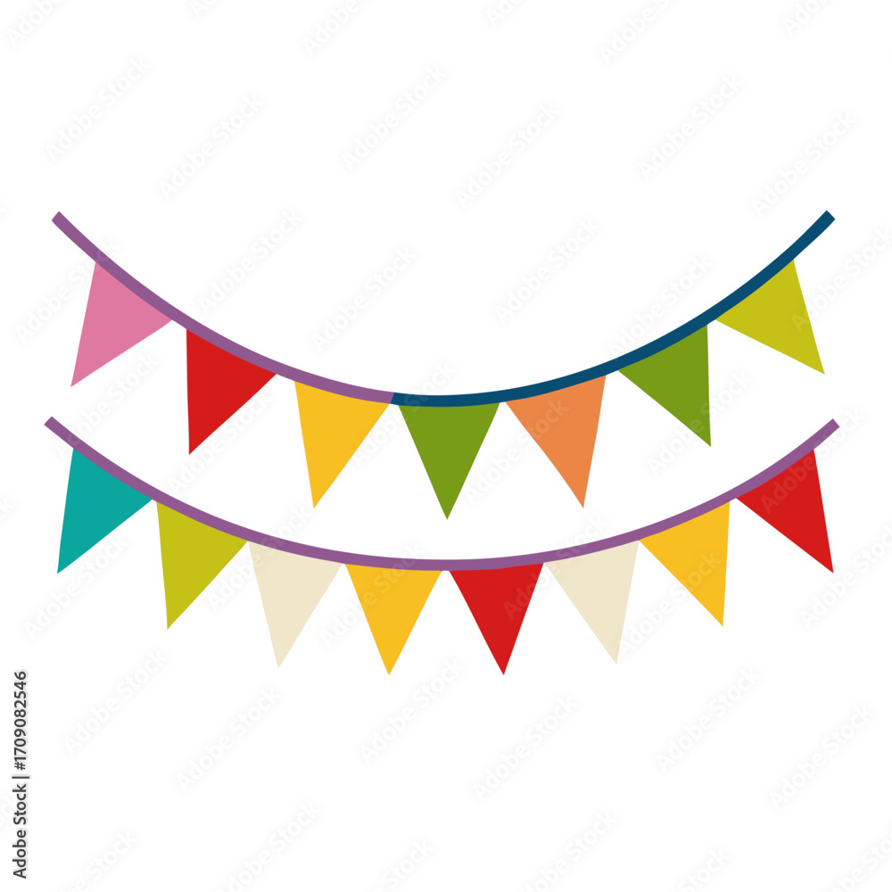 Obraz premium Colorful triangular bunting flags hanging on two strings in festive party decoration.