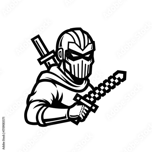 Masked Ninja with Sword and Pixelated Pickaxe
