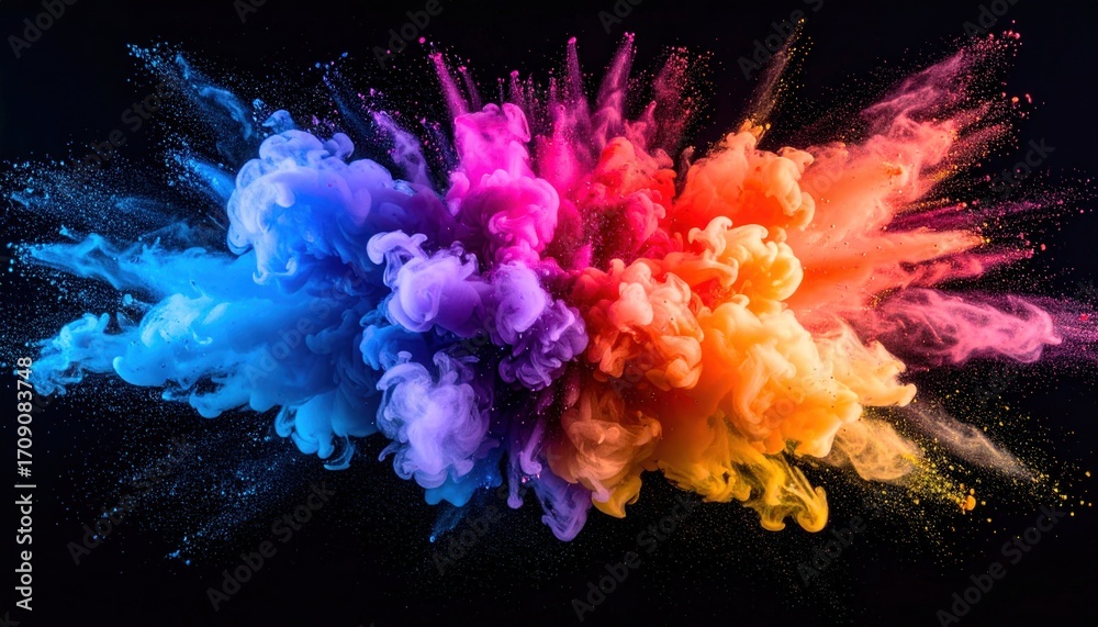 Fototapeta premium Burst of vibrant pigments expands against black backdrop. Hues range from violet to orange, creating chaotic & mesmerizing abstract effect