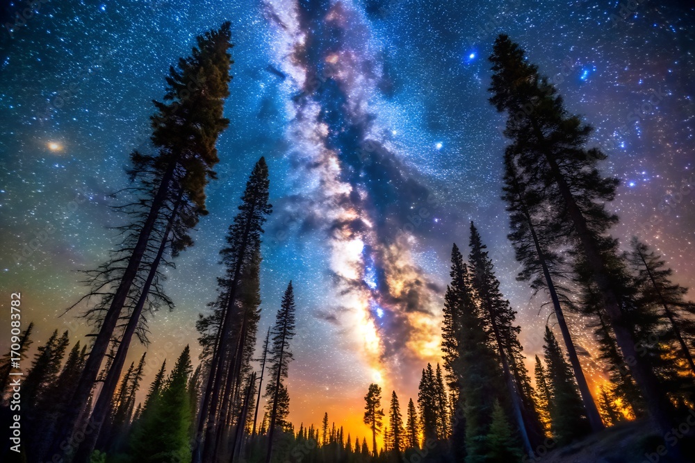 Naklejka premium Milky way over the forest with tall trees at night
