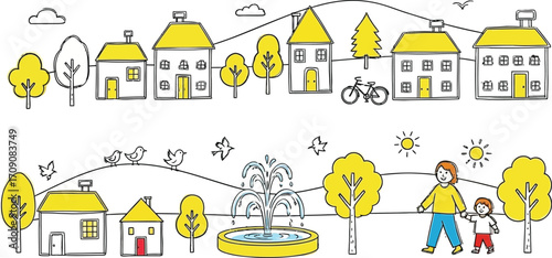 Cartoon neighborhood illustration with houses trees and people vector graphic