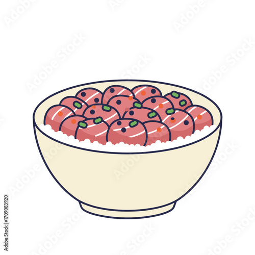 Cartoon Bowl of Rice with Meatballs and Green Onions