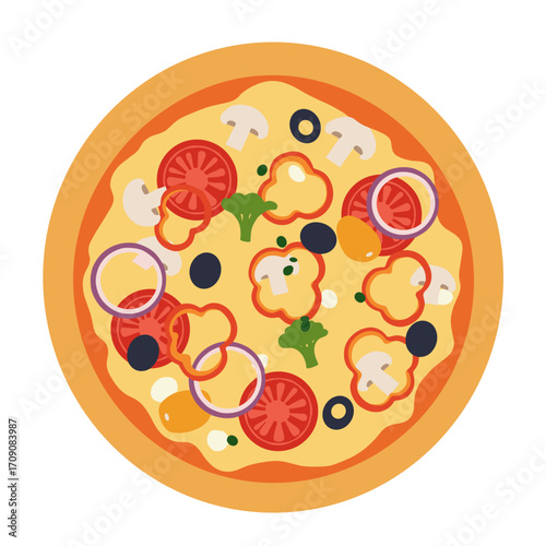 Stylized Pizza with Tomatoes, Peppers, Mushrooms, Olives, Onions, and Broccoli Toppings