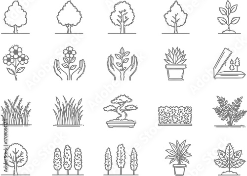 Vector line art nature elements trees plants flowers garden landscaping icons