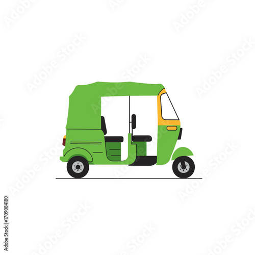 Lime Green and Yellow Auto Rickshaw with Open Sides and Black Interior